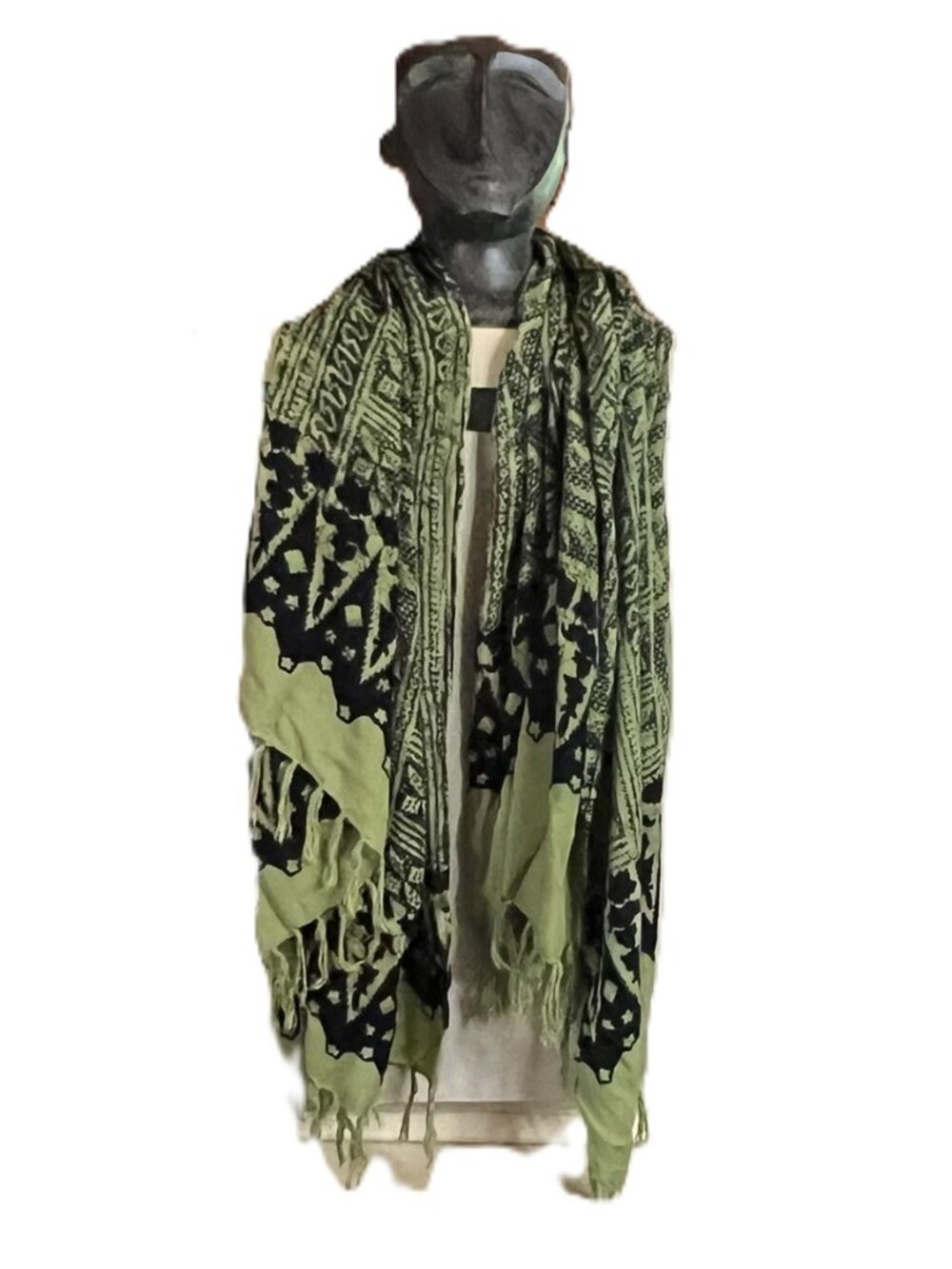 Green and Black Silky Tribal Pattern Sarong/Shawl with Fringe